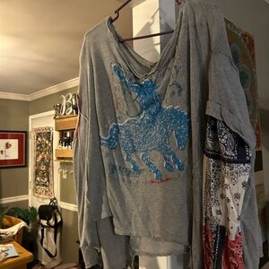 We The Free Gray Top with Blue and Red Accents